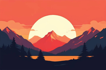 Beautiful Sunset in mountains. Vector Background. Sunset in the mountains.  image of a sunset, the dawn sun over the mountains in the background and a thick forest down to the valley in the foreground