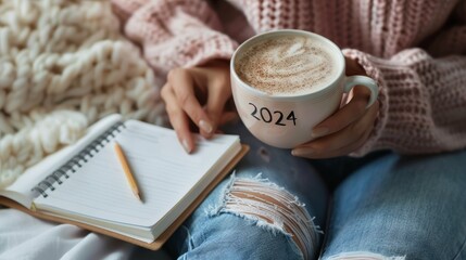 Close-up of hands holding a coffee cup with 2024 on it, over a notebook on a lap, with a pink sweater and blue jeans. - obrazy, fototapety, plakaty