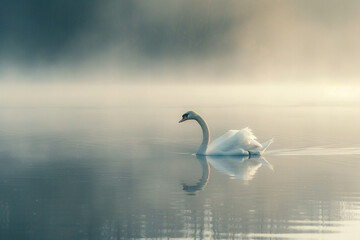 Elegant swan gliding across a serene lake.
