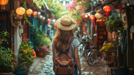 Obraz premium Beautiful woman traveling in the big city. A lifestyle travel a relaxed, street life. Explore city streets through the eyes of a lifestyle traveler, the diversity of its people.