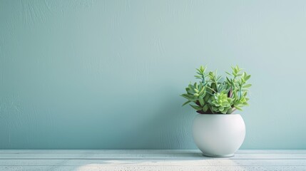 Green succulent plant and small leaves in metal pots on a wooden table against a textured blue background