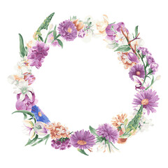 Purple flower png frame sticker, transparent floral watercolor illustration