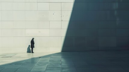 Silhouette of a person standing in the shadow on a textured urban wall with geometric tiles. Loneliness or solitude concept.