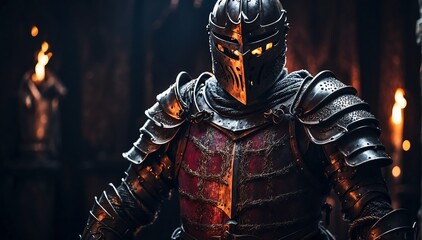 a dark theme knight warrior on medieval era with glowing armor from Generative AI