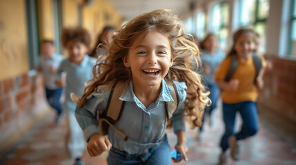 Fototapeta premium Cheerful children run along the corridors of the school.