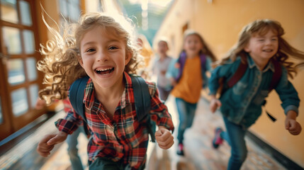 Cheerful children run along the corridors of the school.