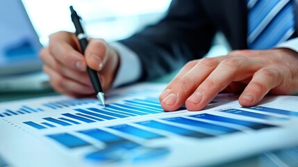 Businessperson analyzing financial statistics on paper. Close-up of hand with pen pointing at charts and graphs
