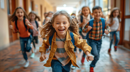 Obraz premium Cheerful children run along the corridors of the school.