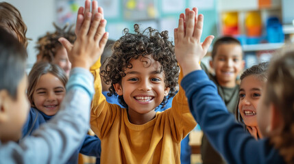Happy diverse multiethnic kids junior school students group giving high five together in classroom. Excited children celebrating achievements, teamwork, diversity and friendship with highfive concept.