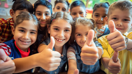 Group of school kids showing thumbs up.