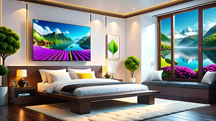 bed,carpet,window,simple design,Generative AI