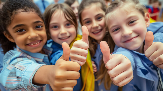 Group of school kids showing thumbs up.