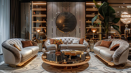 Infusing Art Deco glamour with mirrored furniture and metallic accents.