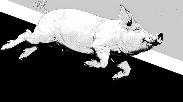 The image of a pig leaping joyfully amidst a contrasting black and white backdrop is truly captivating