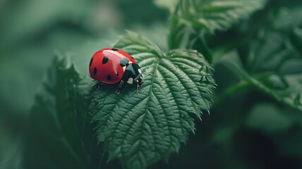 red ladybug adorned with delicate black spots leisurely crawling on a lush green leaf, macro photography - 1