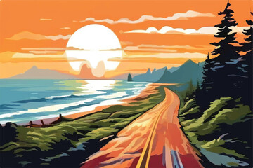 Summer road trip adventure, a scenic coastal highway  with winding roads, breathtaking ocean views  and a clear blue sky and beautiful sunset. Vector Illustration.  - obrazy, fototapety, plakaty