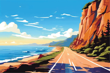Summer road trip adventure, a scenic coastal highway, with winding roads, breathtaking ocean views, and a clear blue sky. Vector Illustration.  - obrazy, fototapety, plakaty