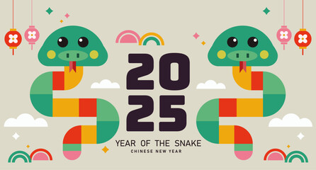 2025 Chinese New Year, year of the snake. Set of Chinese zodiac snake design in geometric flat modern style.