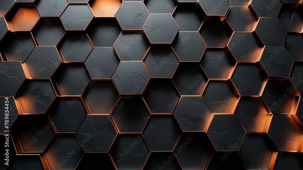 Poster hexagonal patterns in dark tones with hints of orange lighting create a modern, abstract design suit
