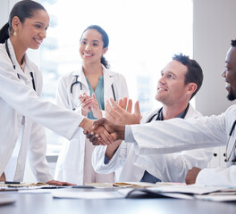 Success, doctor and shaking hands for hiring, healthcare or applause for recruitment in hospital...