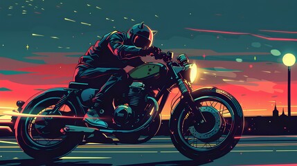 biker on motorcycle with evening sky illustration - obrazy, fototapety, plakaty
