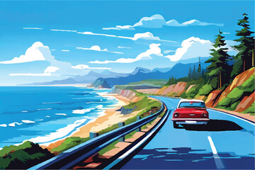 Summer road trip adventure, a scenic coastal highway, with winding roads, breathtaking ocean views, and a clear blue sky. Vector Illustration. 