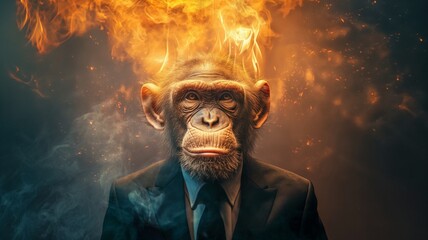 A monkey with a humanoid body wearing a suit and having flames on its head.Generative AI illustration - obrazy, fototapety, plakaty