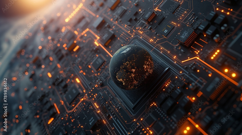Poster futuristic circuit board with glowing lights, showcasing intricate technology and design elements.
