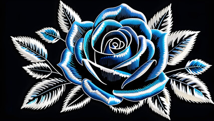 Blue Rose Embroidery on Black, Celestial Blue Floral Stitching on Ebony, Sky Blue Rose Elegance in Embroidery on Dark Background, Ethereal Sky Blue Rose Design on Black Fabric(Generative AI)