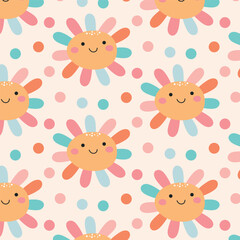 Abstract seamless pattern with cute kawaii smile flowers. Animal abstract pattern.