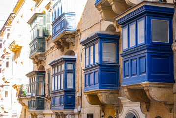 typical wooden balconies in Valletta, Malta