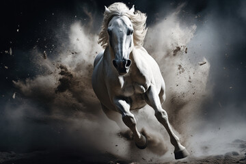 Image of a white horse runing. Wildlife Animals. Illustration, Generative AI.