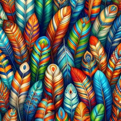 A pattern of colorful feathers arranged in a repeating design with colored stripes that include shades of blue, green, orange and red