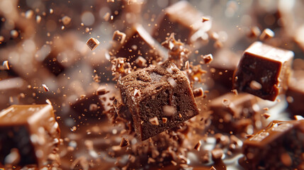 Fudge squares airborne in a rich dynamic chocolate confectionery scene