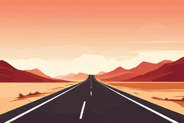 Road in the desert. Asphalt highway with markings in the countryside. Road through a desert with beautiful sky. Vector Illustration background. 