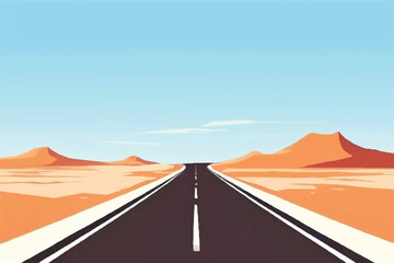 Road in the desert. Asphalt highway with markings in the countryside. Road through a desert with beautiful sky. Vector Illustration background. 