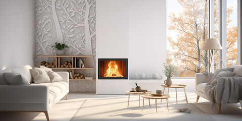 modern living room with fireplace ComfortableLiving and SleekDesign on a white wall background
