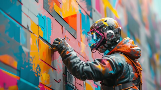 Capture the majestic Side View of a Robotic Street Artist painting a futuristic mural using bold colors and intricate details, emphasizing the mechanical precision and artistic flair blending seamless