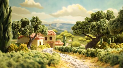 Tuscany home in olive grove in the style of plasticine claymation character