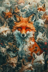 Illustrate a watercolor scene from a high angle, depicting an anthropomorphic fox demonstrating leadership qualities amidst a diverse group of animals, blending analogous colors harmoniously