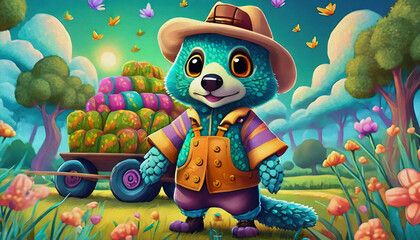 oil painting style cartoon character Multicolored close up cute baby badger in a farmer's costume