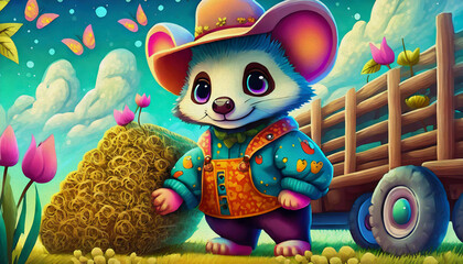 oil painting style cartoon character Multicolored close up cute baby badger in a farmer's costume