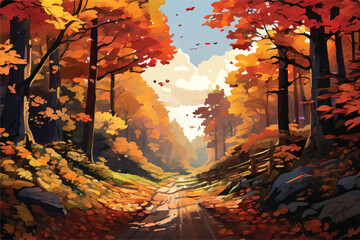 Road through a maple forest. Vector Illustration. An autumnal wonderland in the jungle. Beautiful view of the autumn forest in the morning. Maple forest landscape Illustration.                        