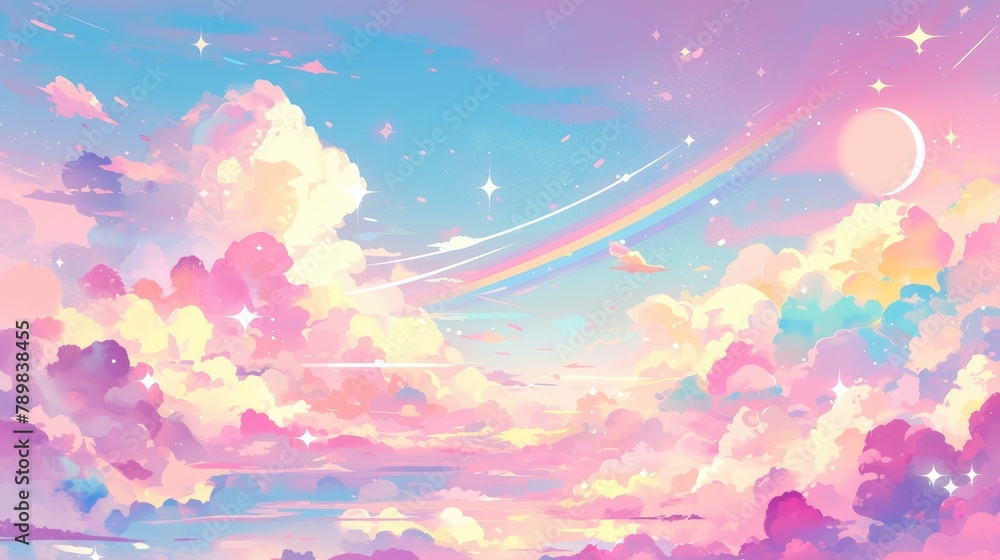 Poster immerse yourself in a whimsical world of a rainbow unicorn backdrop adorned with fluffy clouds and t