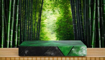 Empty product podium with jade green rectangle, polished stone, zen style, against  forest - obrazy, fototapety, plakaty