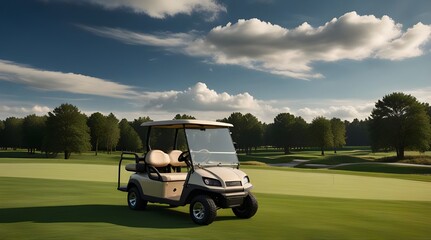 Golf cart car in fairway of golf course with fresh green grass field and cloud sky.generative.ai
