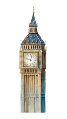 London's Big Ben png tower watercolor illustration on transparent background 