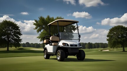 Golf cart car in fairway of golf course with fresh green grass field and cloud sky.generative.ai