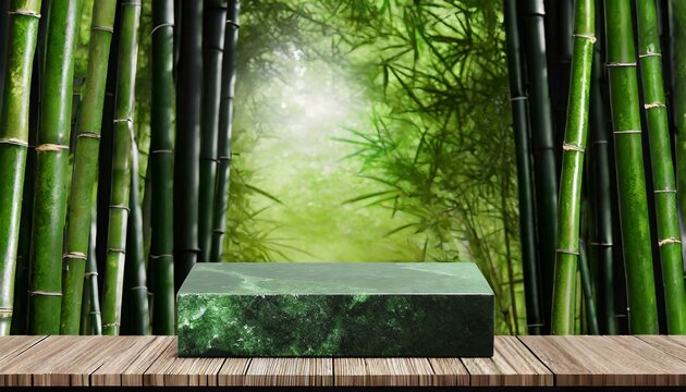Empty product podium with jade green rectangle, polished stone, zen style, against  forest