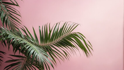 Creative layout of colorful palm leaves on a pink background in the rays of the sun, with shadows. Minimal summer exotic concept with copy space